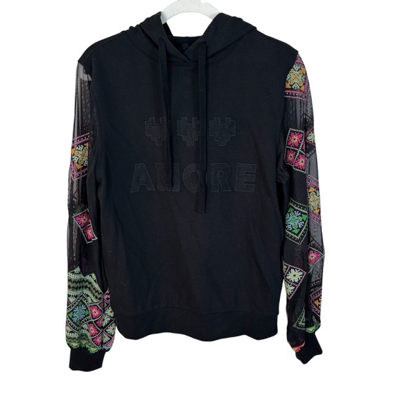 Desigual Amore Hoodie Women's M Black Embroidered Mesh Sleeve Sweatshirt Sheer - Picture 2 of 6